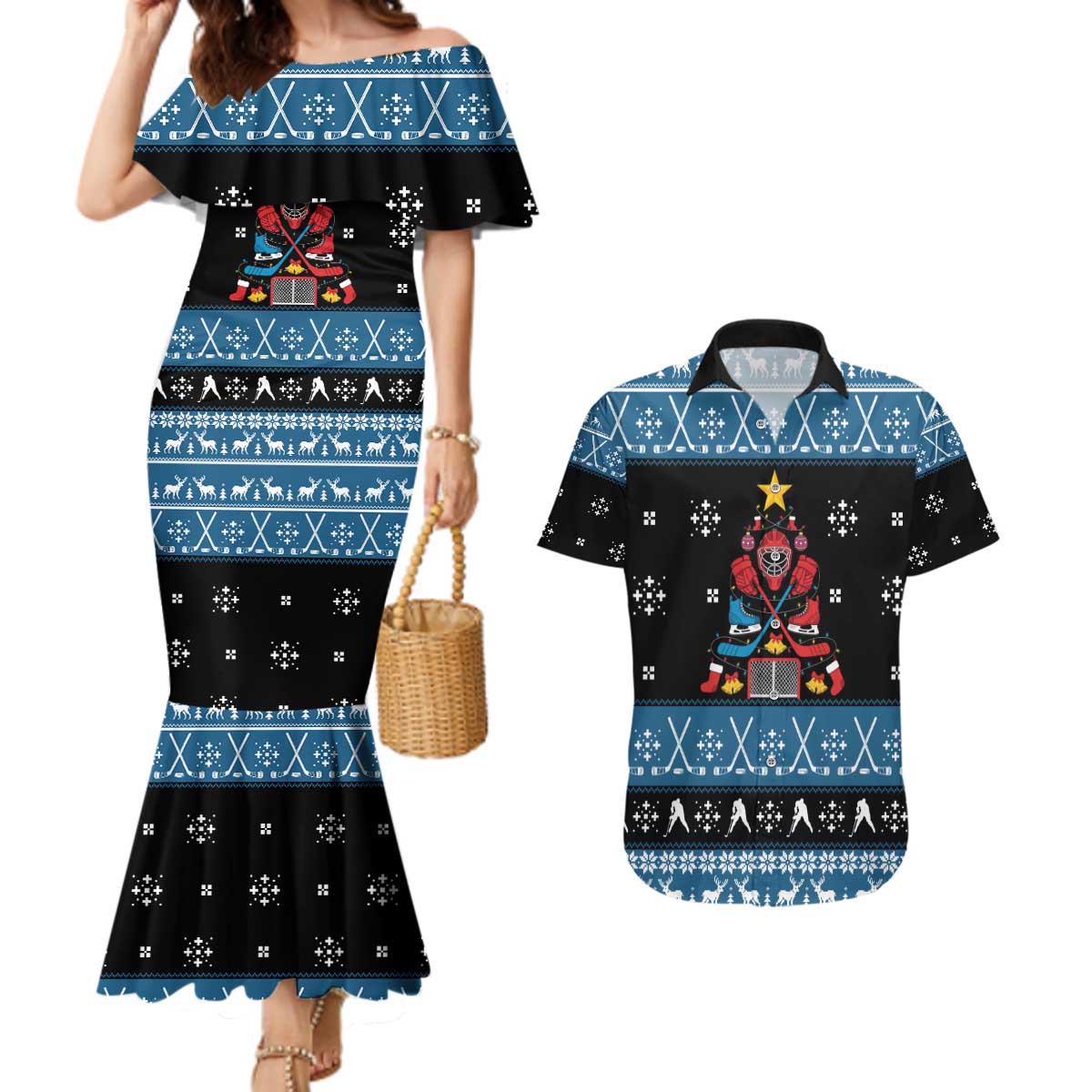 Happy Hockeyday Christmas Couples Matching Mermaid Dress and Hawaiian Shirt Xmas Holiday Patterns - Wonder Print Shop