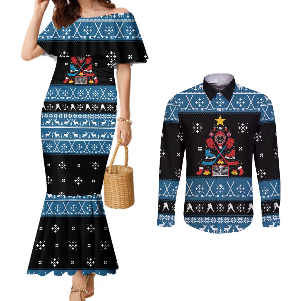 Happy Hockeyday Christmas Couples Matching Mermaid Dress and Long Sleeve Button Shirt Xmas Holiday Patterns - Wonder Print Shop