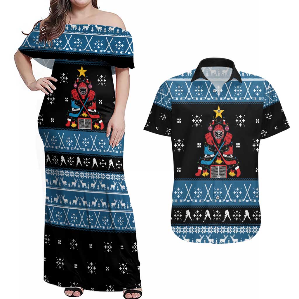 Happy Hockeyday Christmas Couples Matching Off Shoulder Maxi Dress and Hawaiian Shirt Xmas Holiday Patterns - Wonder Print Shop