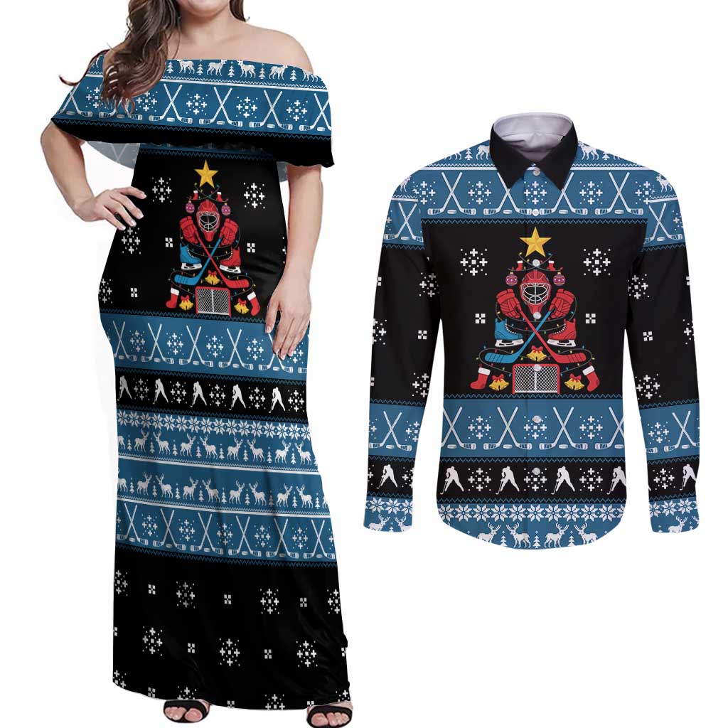 Happy Hockeyday Christmas Couples Matching Off Shoulder Maxi Dress and Long Sleeve Button Shirt Xmas Holiday Patterns - Wonder Print Shop