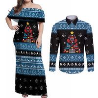 Happy Hockeyday Christmas Couples Matching Off Shoulder Maxi Dress and Long Sleeve Button Shirt Xmas Holiday Patterns - Wonder Print Shop