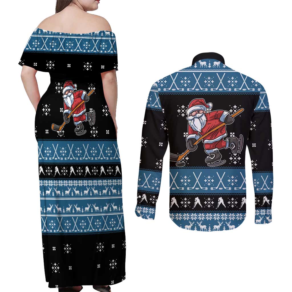 Happy Hockeyday Christmas Couples Matching Off Shoulder Maxi Dress and Long Sleeve Button Shirt Xmas Holiday Patterns - Wonder Print Shop