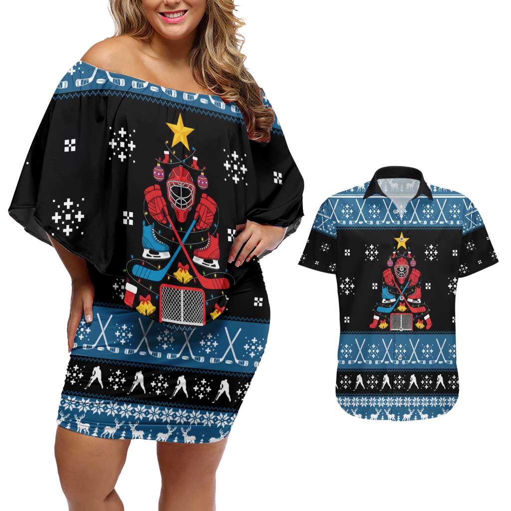 Happy Hockeyday Christmas Couples Matching Off Shoulder Short Dress and Hawaiian Shirt Xmas Holiday Patterns - Wonder Print Shop