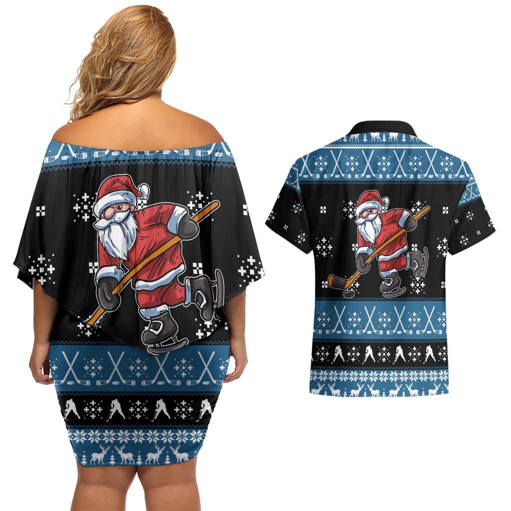 Happy Hockeyday Christmas Couples Matching Off Shoulder Short Dress and Hawaiian Shirt Xmas Holiday Patterns - Wonder Print Shop