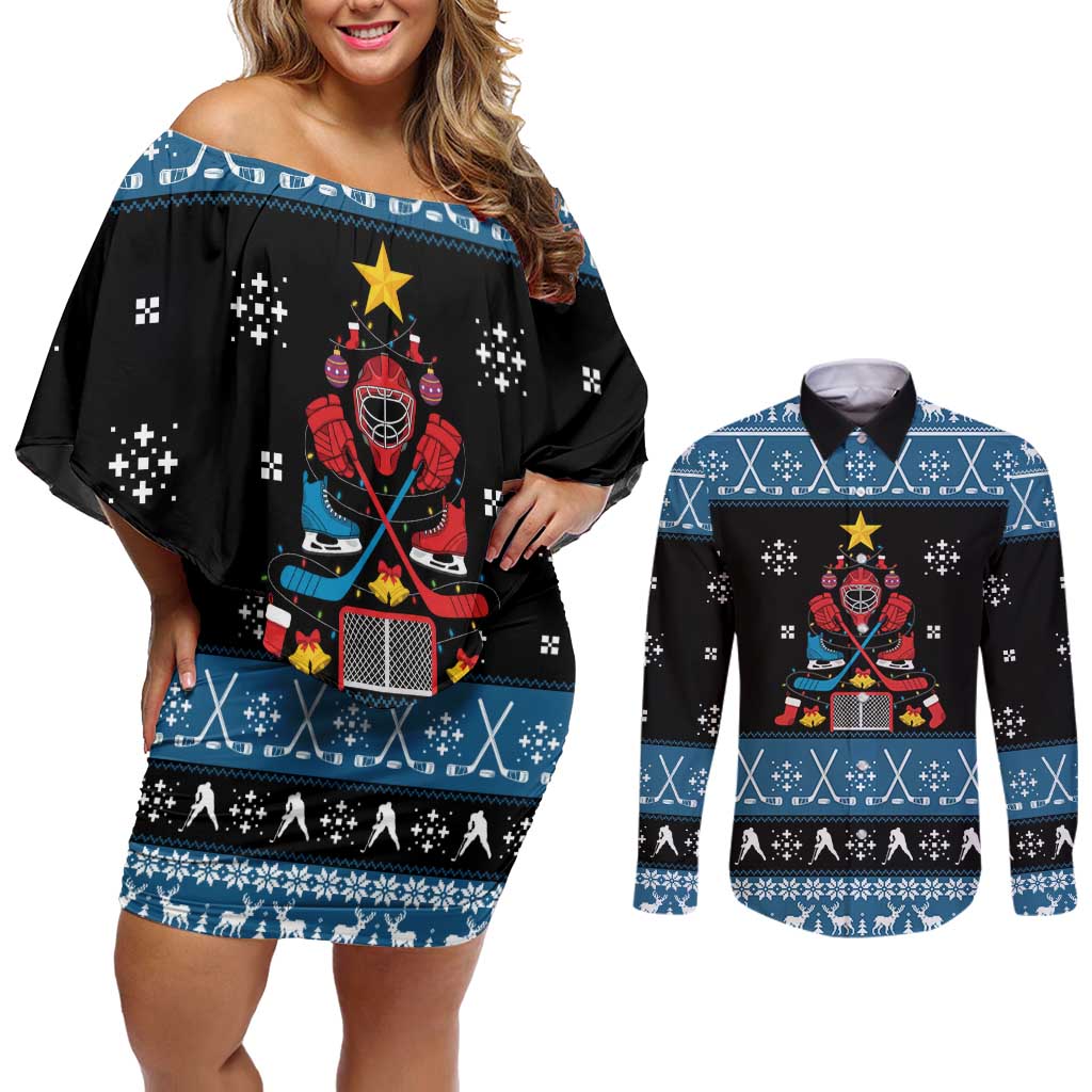 Happy Hockeyday Christmas Couples Matching Off Shoulder Short Dress and Long Sleeve Button Shirt Xmas Holiday Patterns - Wonder Print Shop
