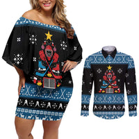 Happy Hockeyday Christmas Couples Matching Off Shoulder Short Dress and Long Sleeve Button Shirt Xmas Holiday Patterns - Wonder Print Shop