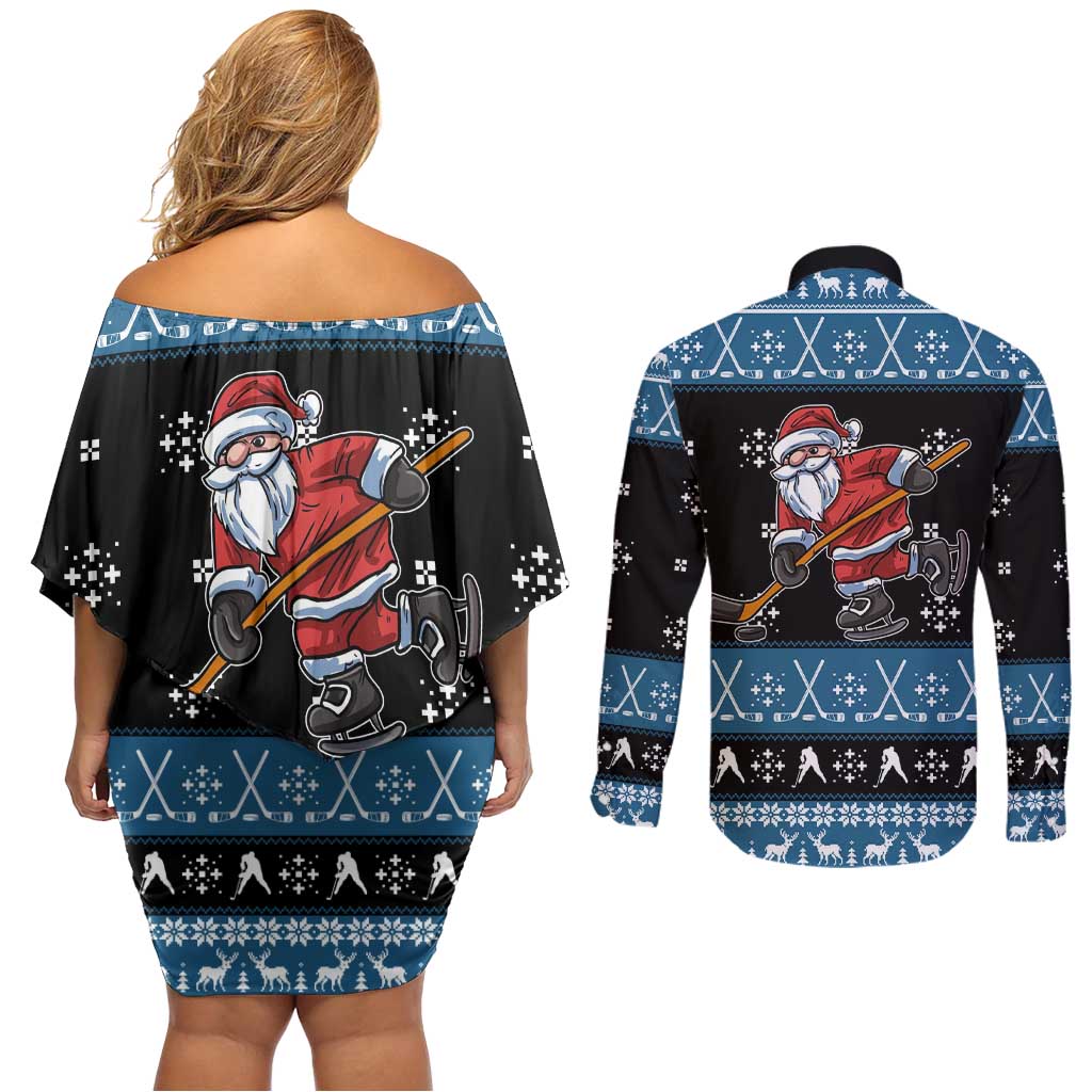 Happy Hockeyday Christmas Couples Matching Off Shoulder Short Dress and Long Sleeve Button Shirt Xmas Holiday Patterns - Wonder Print Shop