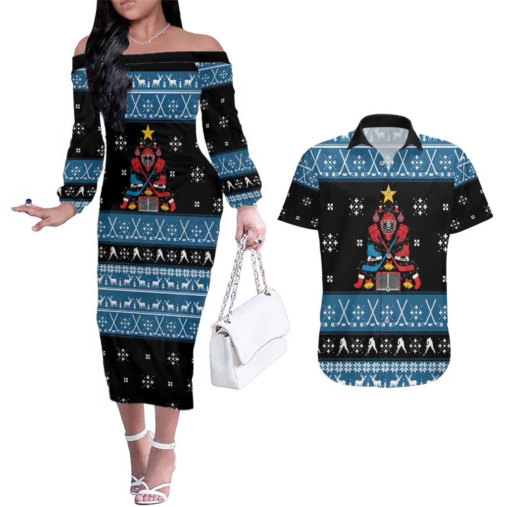 Happy Hockeyday Christmas Couples Matching Off The Shoulder Long Sleeve Dress and Hawaiian Shirt Xmas Holiday Patterns - Wonder Print Shop