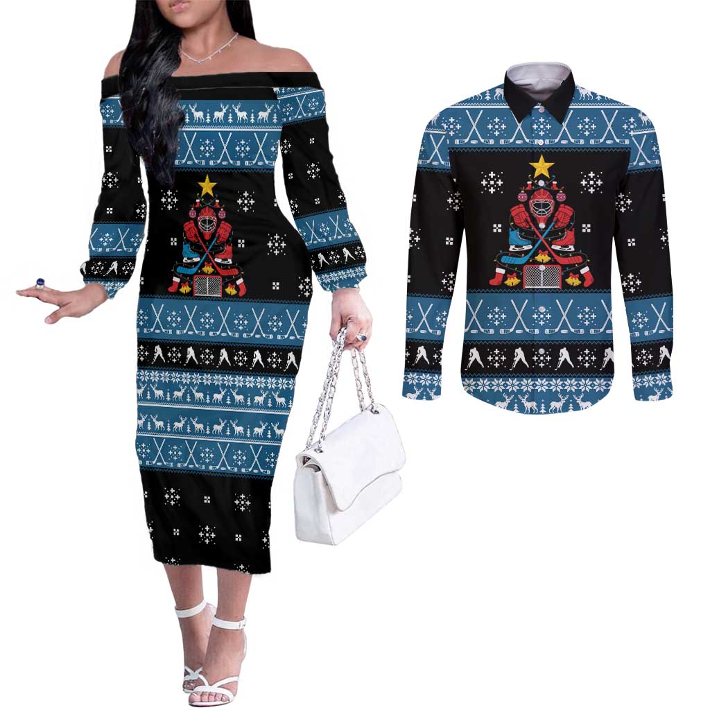Happy Hockeyday Christmas Couples Matching Off The Shoulder Long Sleeve Dress and Long Sleeve Button Shirt Xmas Holiday Patterns - Wonder Print Shop