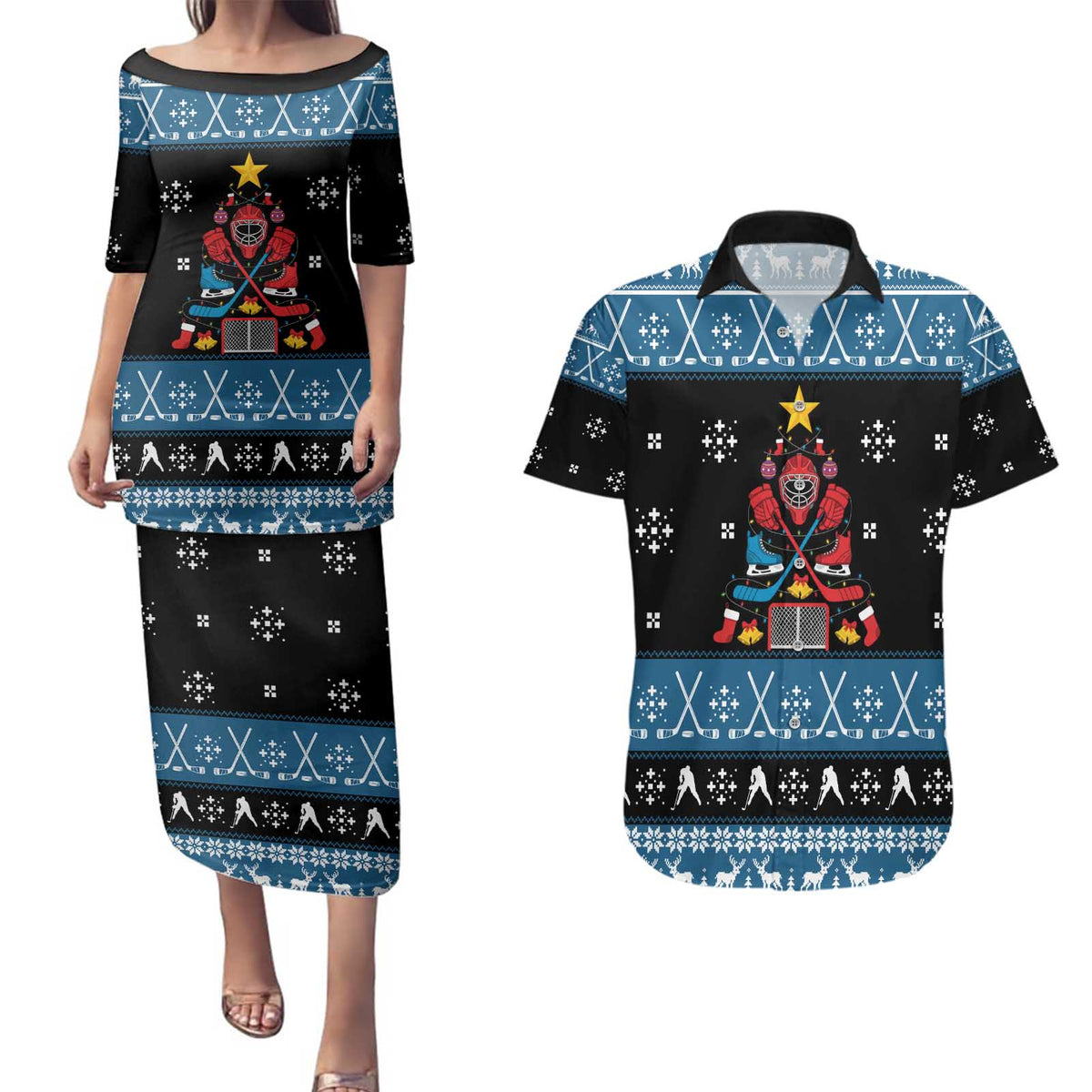 Happy Hockeyday Christmas Couples Matching Puletasi and Hawaiian Shirt Xmas Holiday Patterns - Wonder Print Shop