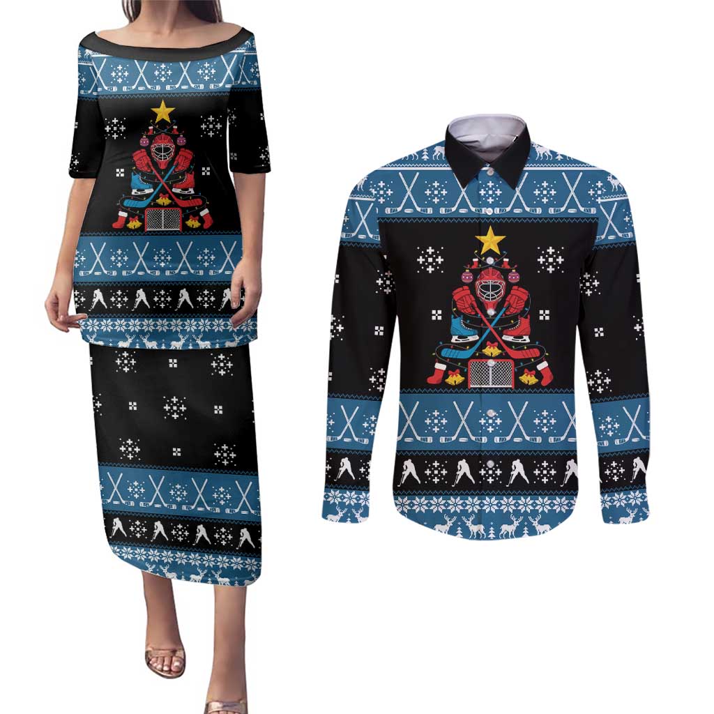 Happy Hockeyday Christmas Couples Matching Puletasi and Long Sleeve Button Shirt Xmas Holiday Patterns - Wonder Print Shop