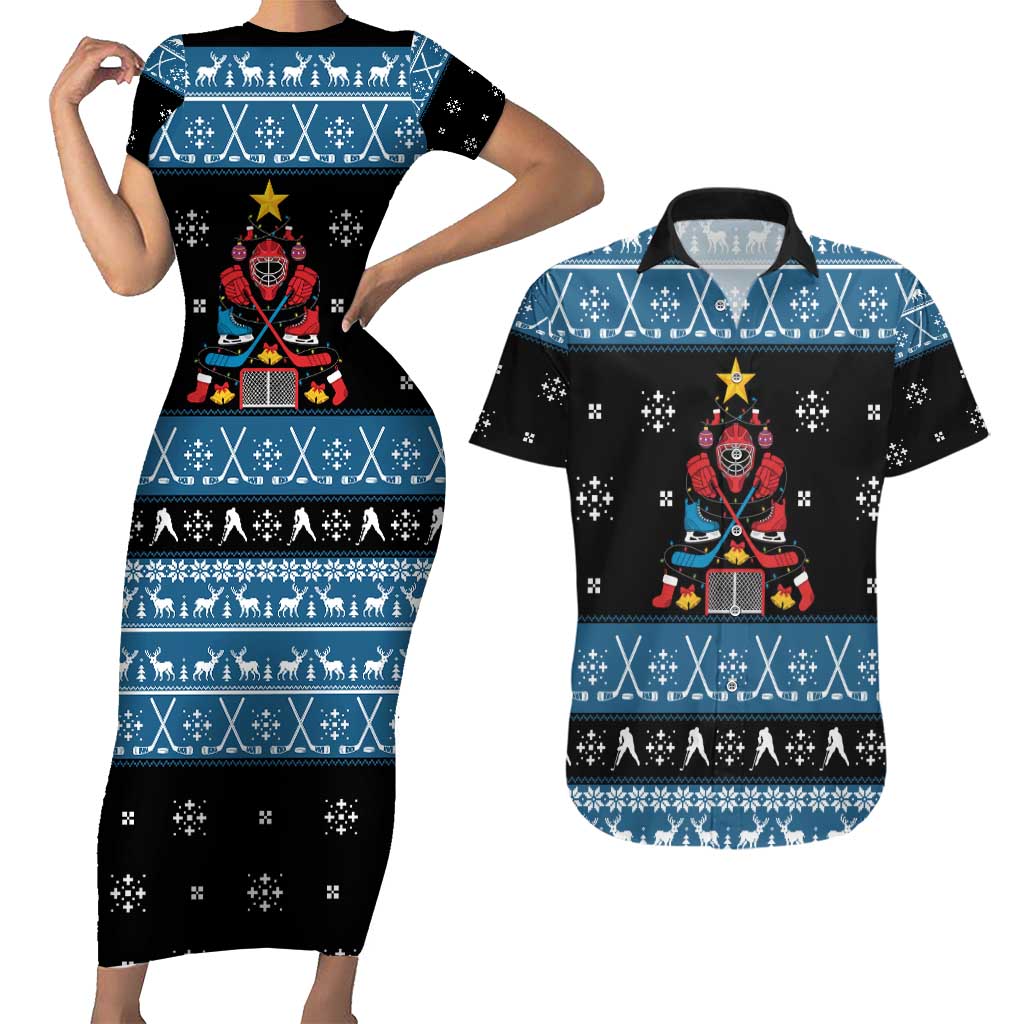 Happy Hockeyday Christmas Couples Matching Short Sleeve Bodycon Dress and Hawaiian Shirt Xmas Holiday Patterns - Wonder Print Shop