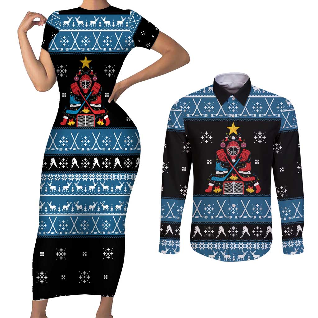 Happy Hockeyday Christmas Couples Matching Short Sleeve Bodycon Dress and Long Sleeve Button Shirt Xmas Holiday Patterns - Wonder Print Shop