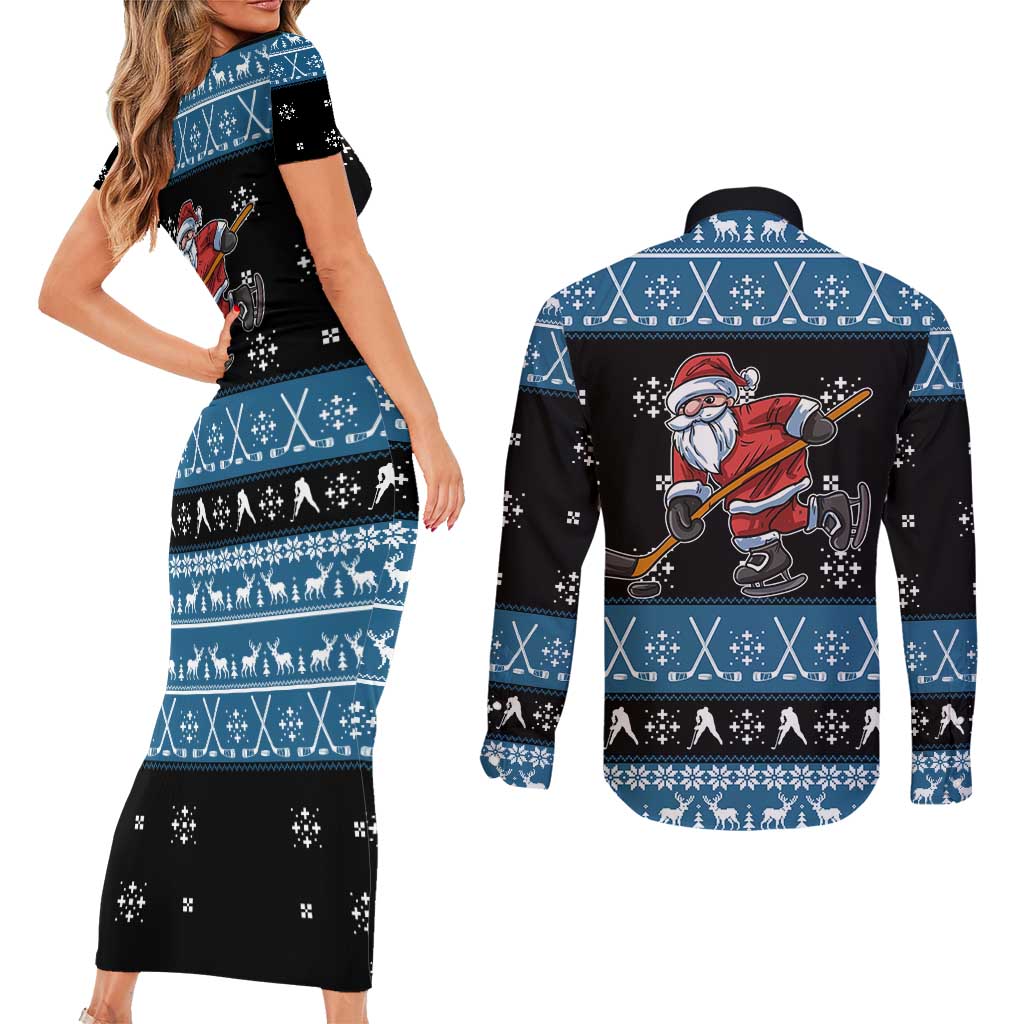 Happy Hockeyday Christmas Couples Matching Short Sleeve Bodycon Dress and Long Sleeve Button Shirt Xmas Holiday Patterns - Wonder Print Shop