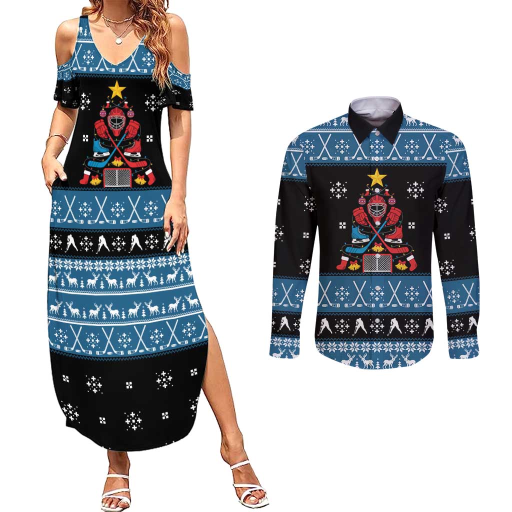 Happy Hockeyday Christmas Couples Matching Summer Maxi Dress and Long Sleeve Button Shirt Xmas Holiday Patterns - Wonder Print Shop