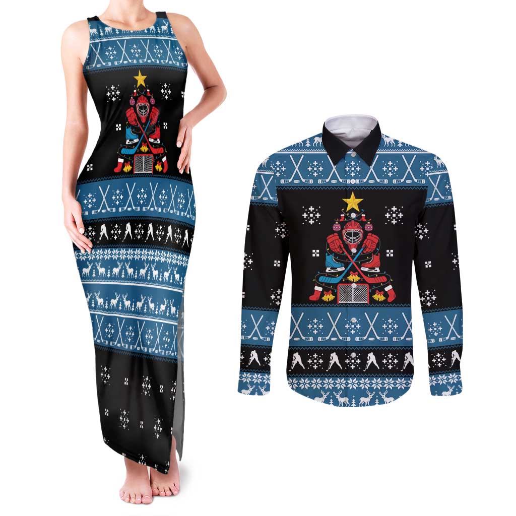 Happy Hockeyday Christmas Couples Matching Tank Maxi Dress and Long Sleeve Button Shirt Xmas Holiday Patterns - Wonder Print Shop