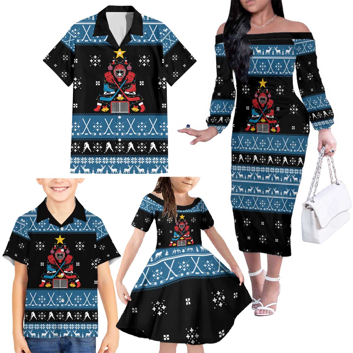 Happy Hockeyday Christmas Family Matching Off The Shoulder Long Sleeve Dress and Hawaiian Shirt Xmas Holiday Patterns - Wonder Print Shop