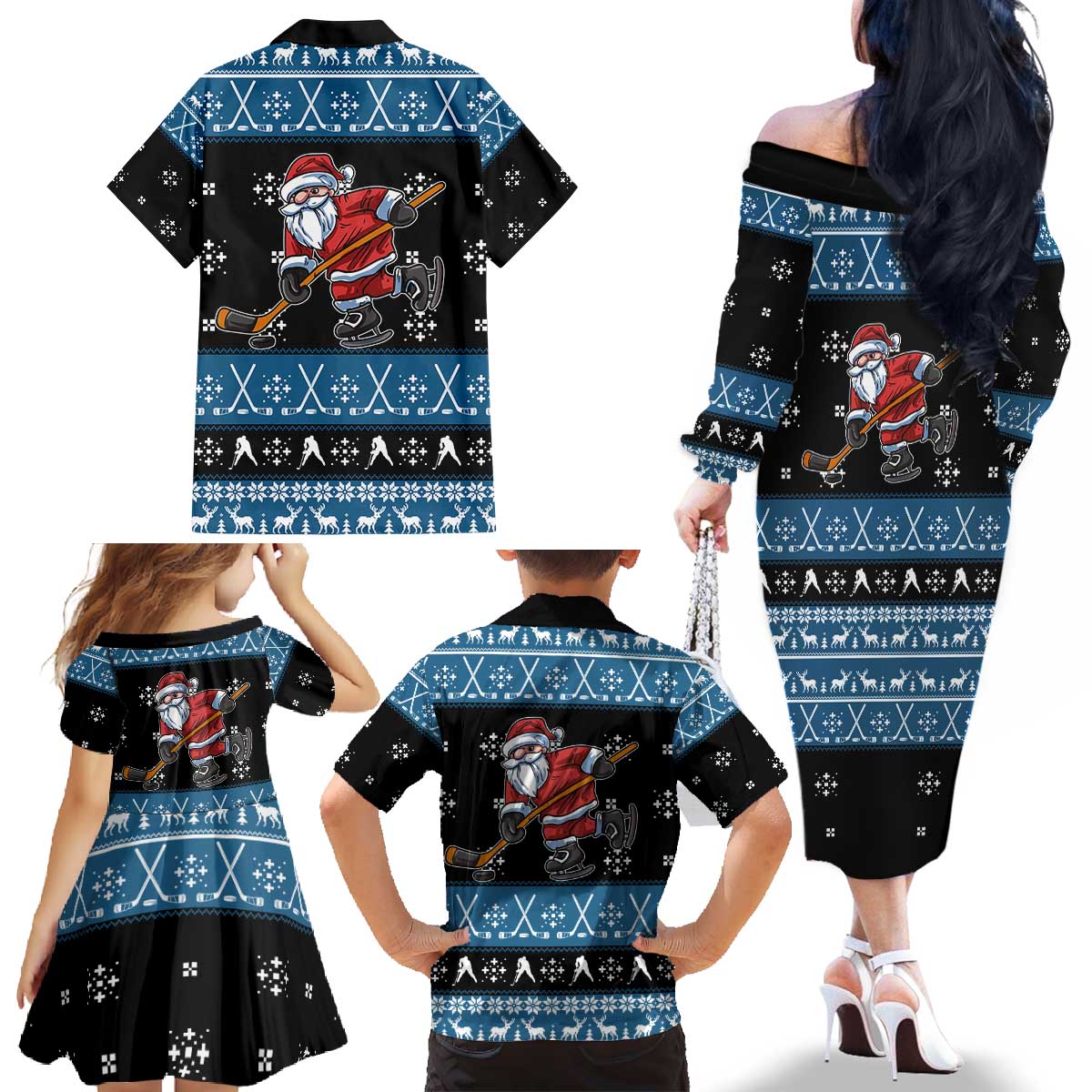 Happy Hockeyday Christmas Family Matching Off The Shoulder Long Sleeve Dress and Hawaiian Shirt Xmas Holiday Patterns - Wonder Print Shop