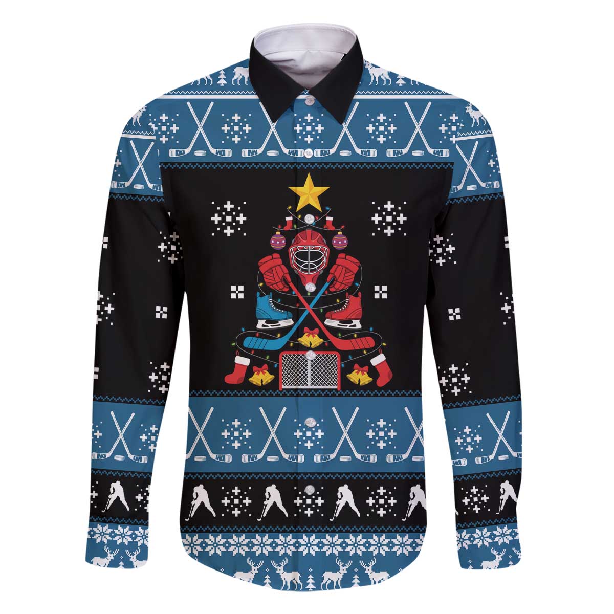 Happy Hockeyday Christmas Family Matching Off The Shoulder Long Sleeve Dress and Hawaiian Shirt Xmas Holiday Patterns - Wonder Print Shop