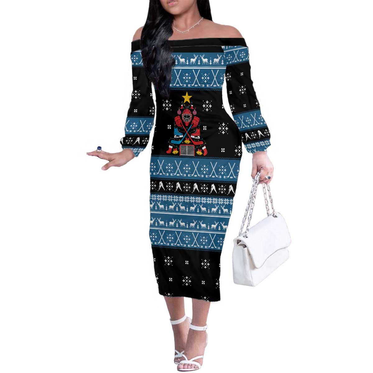 Happy Hockeyday Christmas Family Matching Off The Shoulder Long Sleeve Dress and Hawaiian Shirt Xmas Holiday Patterns - Wonder Print Shop
