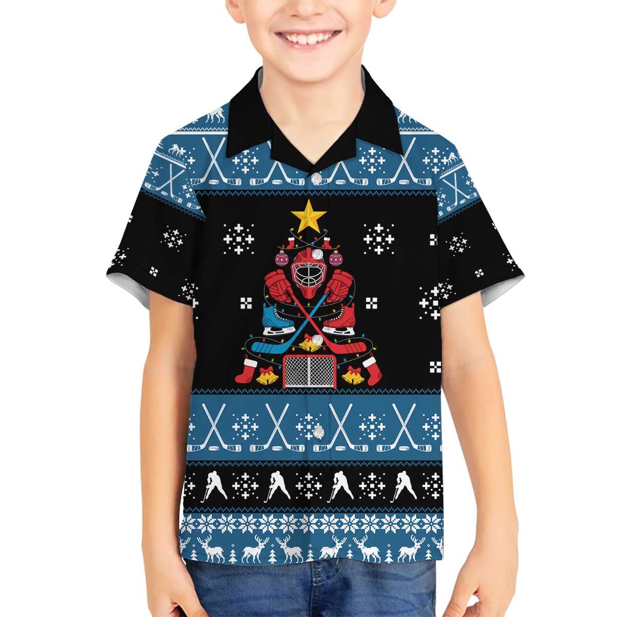 Happy Hockeyday Christmas Family Matching Off The Shoulder Long Sleeve Dress and Hawaiian Shirt Xmas Holiday Patterns - Wonder Print Shop