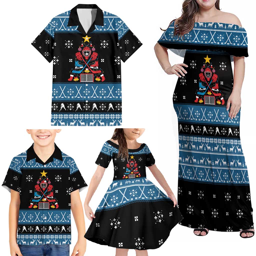 Happy Hockeyday Christmas Family Matching Off Shoulder Maxi Dress and Hawaiian Shirt Xmas Holiday Patterns - Wonder Print Shop