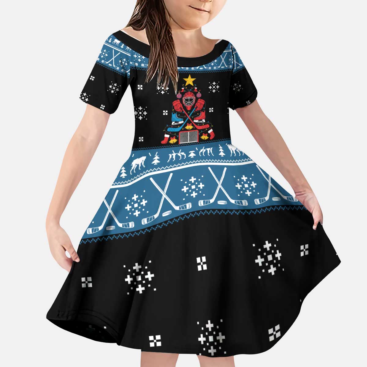 Happy Hockeyday Christmas Kid Short Sleeve Dress Xmas Holiday Patterns - Wonder Print Shop