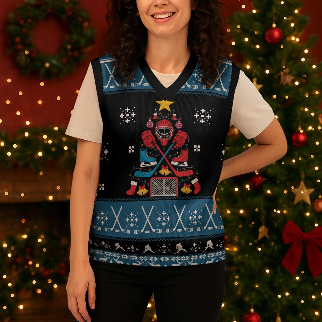Happy Hockeyday Christmas Knitted V-Neck Vest Xmas Holiday Patterns - Wonder Print Shop