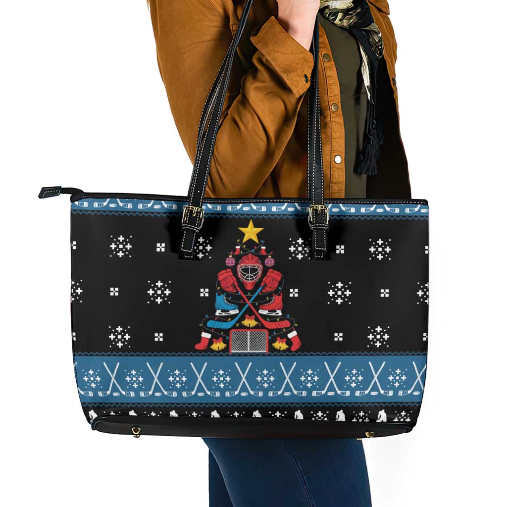 Happy Hockeyday Christmas Leather Tote Bag Xmas Holiday Patterns - Wonder Print Shop