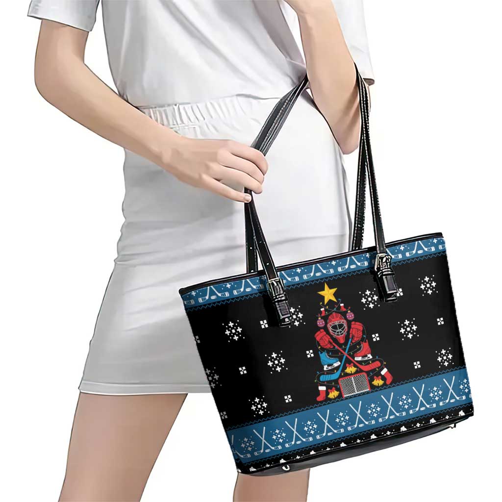 Happy Hockeyday Christmas Leather Tote Bag Xmas Holiday Patterns - Wonder Print Shop