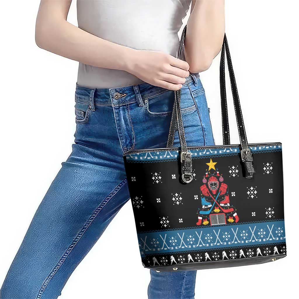 Happy Hockeyday Christmas Leather Tote Bag Xmas Holiday Patterns - Wonder Print Shop