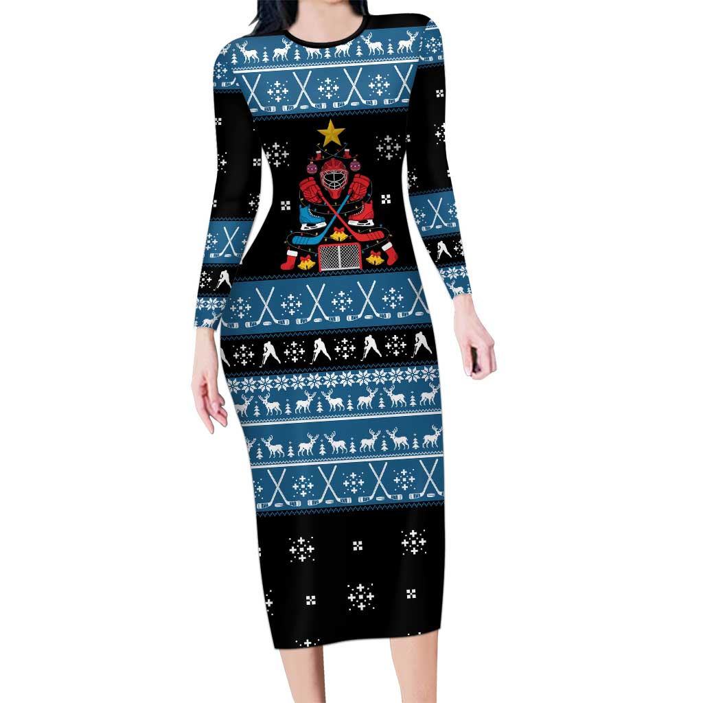 Happy Hockeyday Christmas Long Sleeve Bodycon Dress Xmas Holiday Patterns - Wonder Print Shop