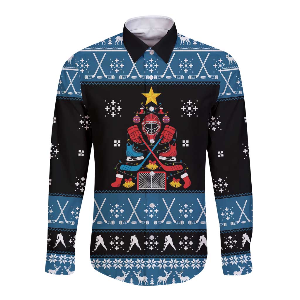 Happy Hockeyday Christmas Long Sleeve Button Shirt Xmas Holiday Patterns - Wonder Print Shop