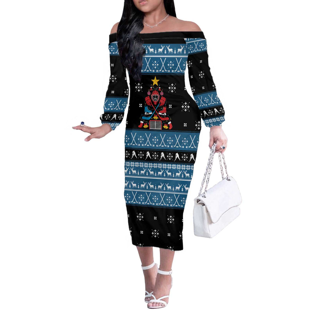 Happy Hockeyday Christmas Off The Shoulder Long Sleeve Dress Xmas Holiday Patterns - Wonder Print Shop