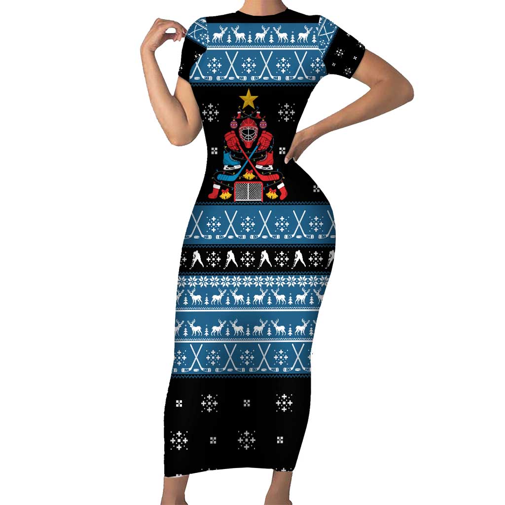 Happy Hockeyday Christmas Short Sleeve Bodycon Dress Xmas Holiday Patterns - Wonder Print Shop