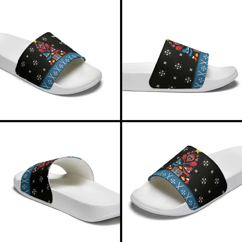 Happy Hockeyday Christmas Slide Sandals Xmas Holiday Patterns - Wonder Print Shop