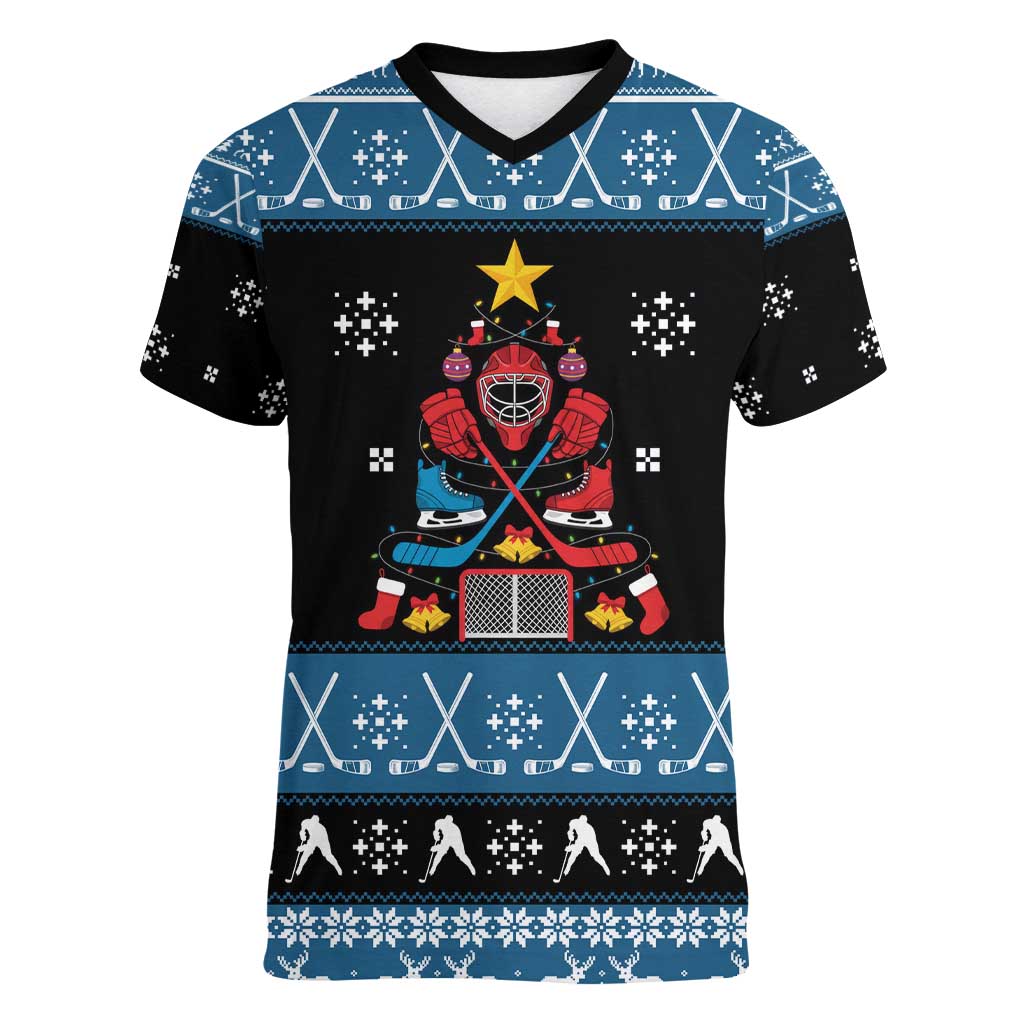 Happy Hockeyday Christmas Women V-Neck T-Shirt Xmas Holiday Patterns - Wonder Print Shop