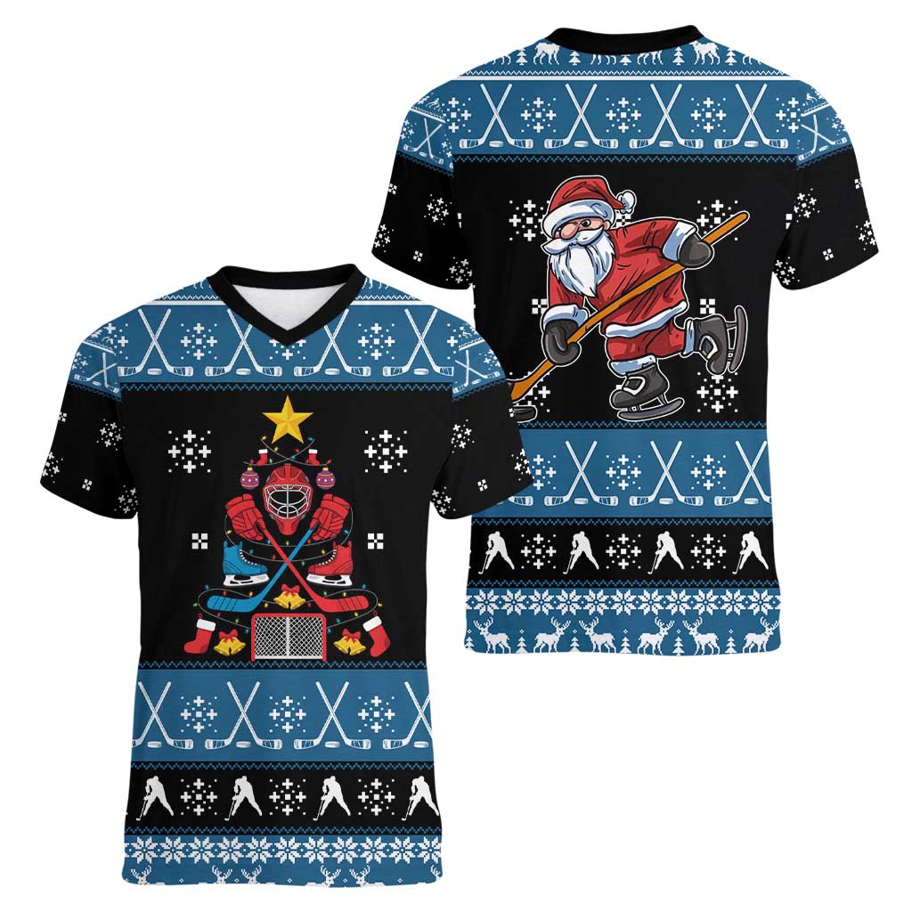 Happy Hockeyday Christmas Women V-Neck T-Shirt Xmas Holiday Patterns - Wonder Print Shop