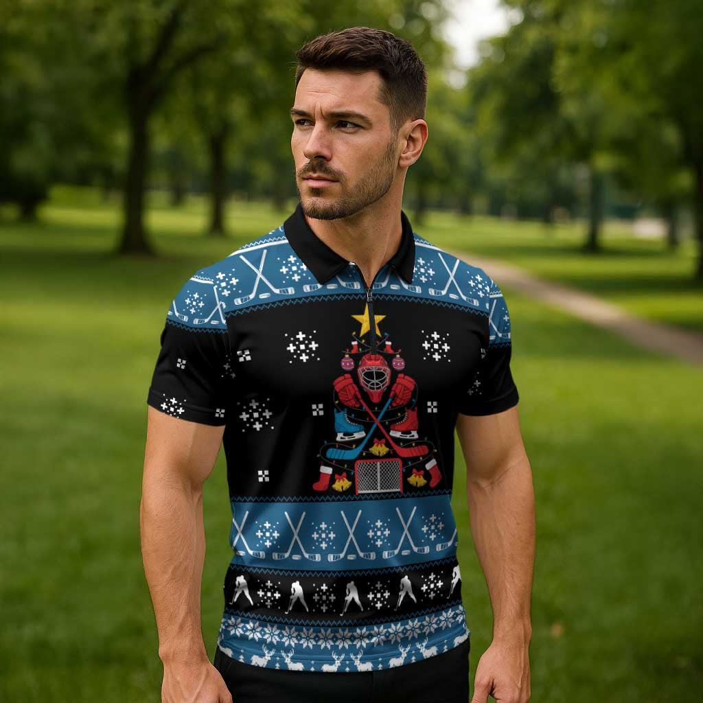Happy Hockeyday Christmas Zipper Polo Shirt Xmas Holiday Patterns - Wonder Print Shop