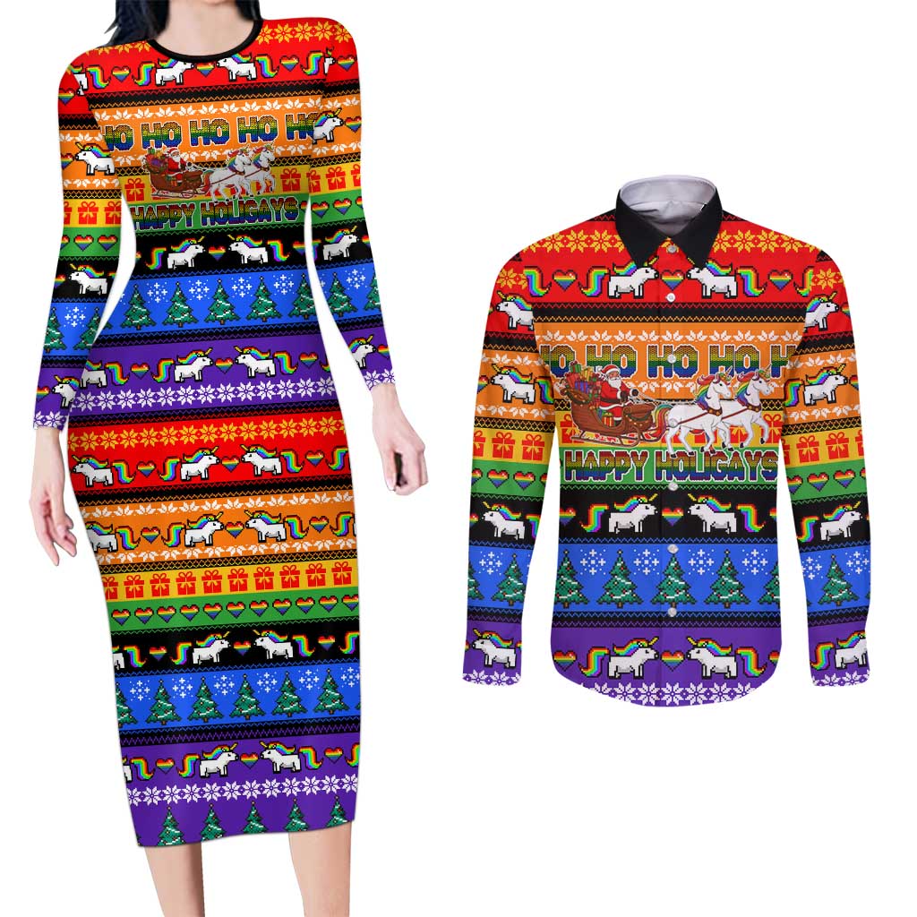 Happy Holigays Christmas Couples Matching Long Sleeve Bodycon Dress and Long Sleeve Button Shirt Xmas Holiday Patterns - Wonder Print Shop