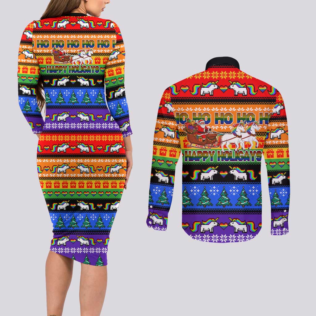 Happy Holigays Christmas Couples Matching Long Sleeve Bodycon Dress and Long Sleeve Button Shirt Xmas Holiday Patterns - Wonder Print Shop