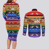 Happy Holigays Christmas Couples Matching Long Sleeve Bodycon Dress and Long Sleeve Button Shirt Xmas Holiday Patterns - Wonder Print Shop