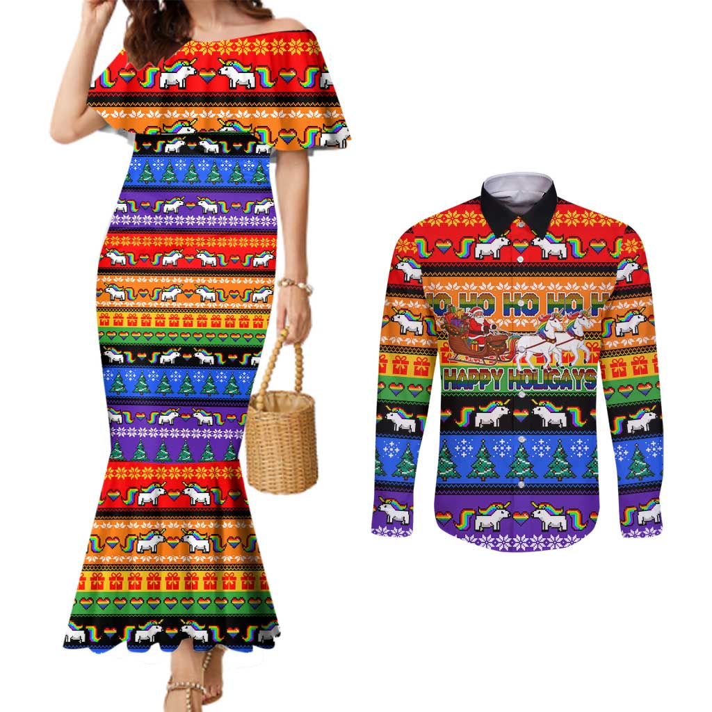 Happy Holigays Christmas Couples Matching Mermaid Dress and Long Sleeve Button Shirt Xmas Holiday Patterns - Wonder Print Shop