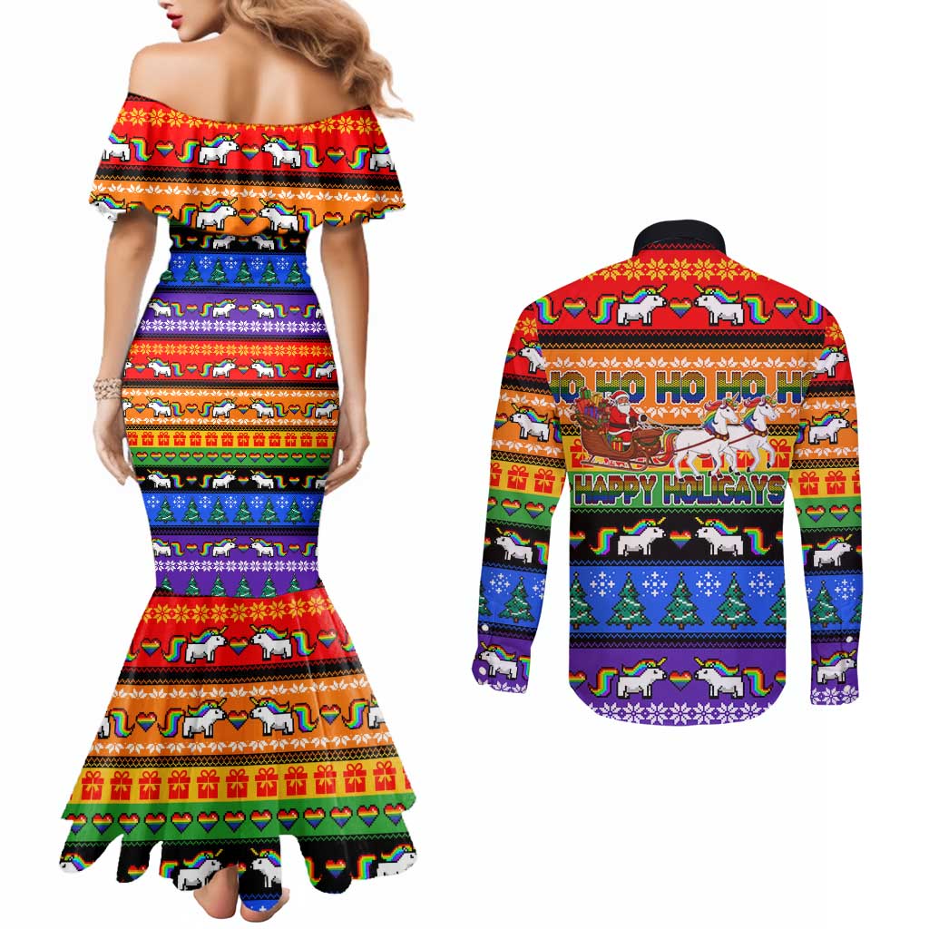Happy Holigays Christmas Couples Matching Mermaid Dress and Long Sleeve Button Shirt Xmas Holiday Patterns - Wonder Print Shop