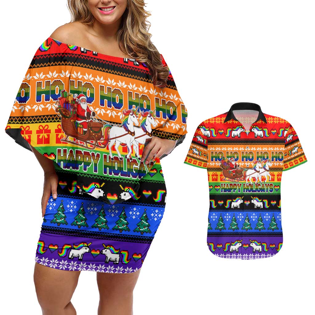 Happy Holigays Christmas Couples Matching Off Shoulder Short Dress and Hawaiian Shirt Xmas Holiday Patterns - Wonder Print Shop
