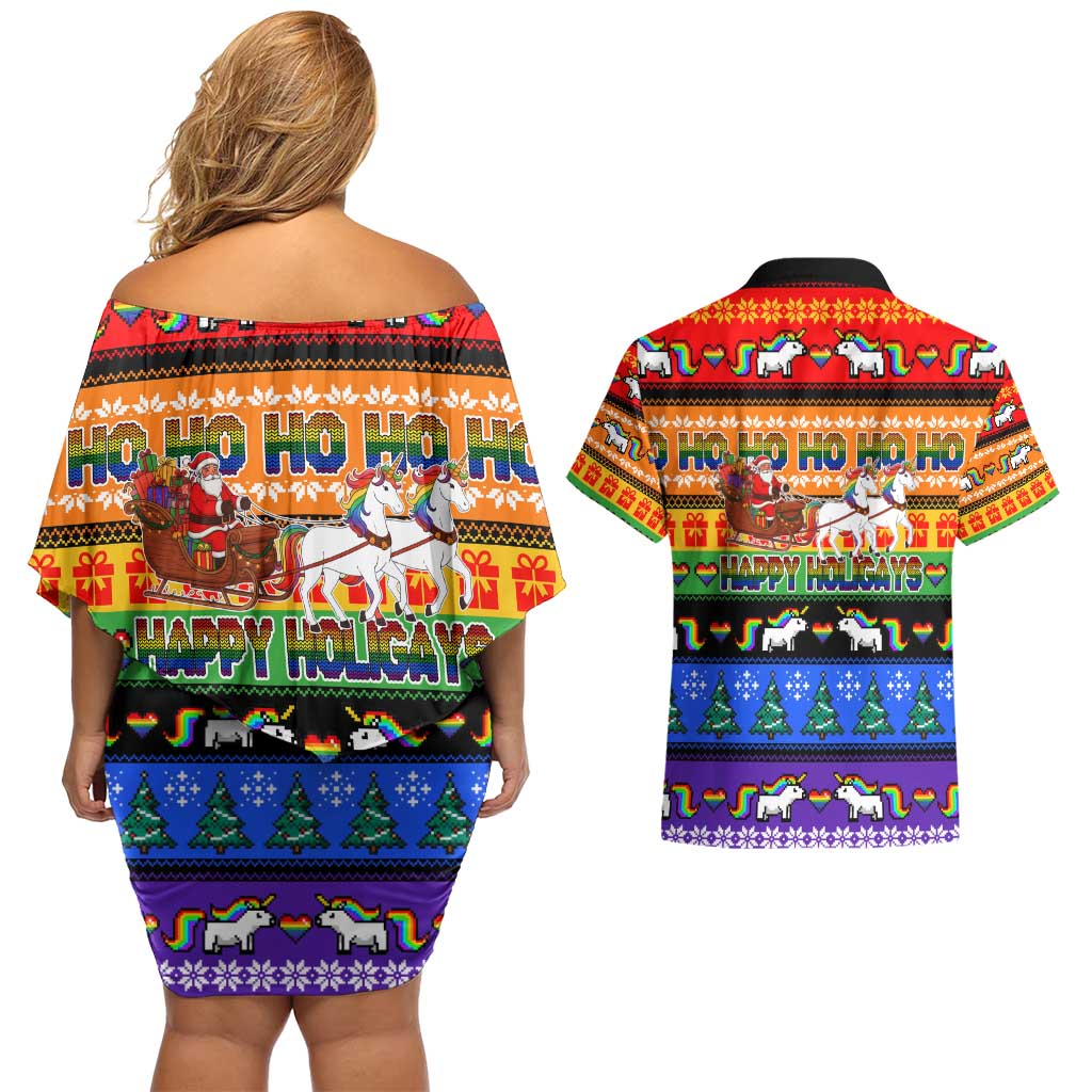 Happy Holigays Christmas Couples Matching Off Shoulder Short Dress and Hawaiian Shirt Xmas Holiday Patterns - Wonder Print Shop