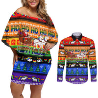 Happy Holigays Christmas Couples Matching Off Shoulder Short Dress and Long Sleeve Button Shirt Xmas Holiday Patterns - Wonder Print Shop