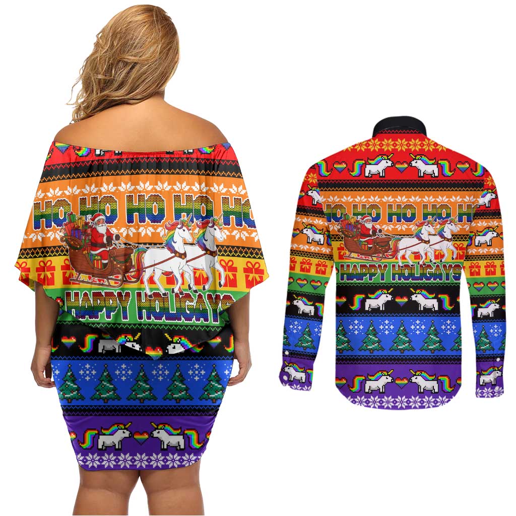 Happy Holigays Christmas Couples Matching Off Shoulder Short Dress and Long Sleeve Button Shirt Xmas Holiday Patterns - Wonder Print Shop