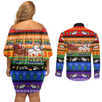 Happy Holigays Christmas Couples Matching Off Shoulder Short Dress and Long Sleeve Button Shirt Xmas Holiday Patterns - Wonder Print Shop