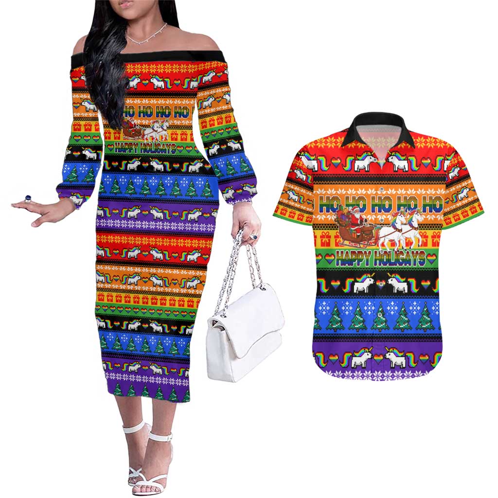 Happy Holigays Christmas Couples Matching Off The Shoulder Long Sleeve Dress and Hawaiian Shirt Xmas Holiday Patterns - Wonder Print Shop